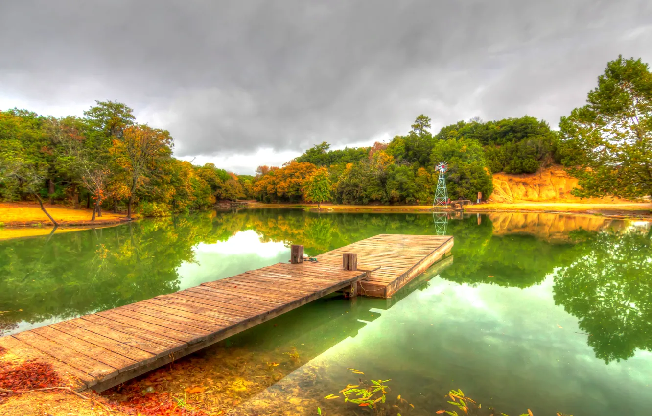 Фото обои осень, вода, деревья, пруд, парк, отражение, причал