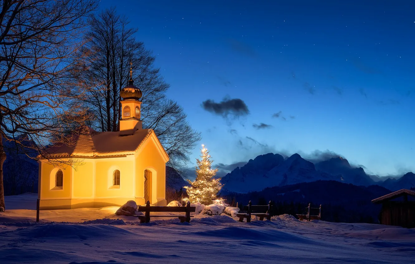 Фото обои зима, снег, пейзаж, горы, ночь, природа, Германия, освещение