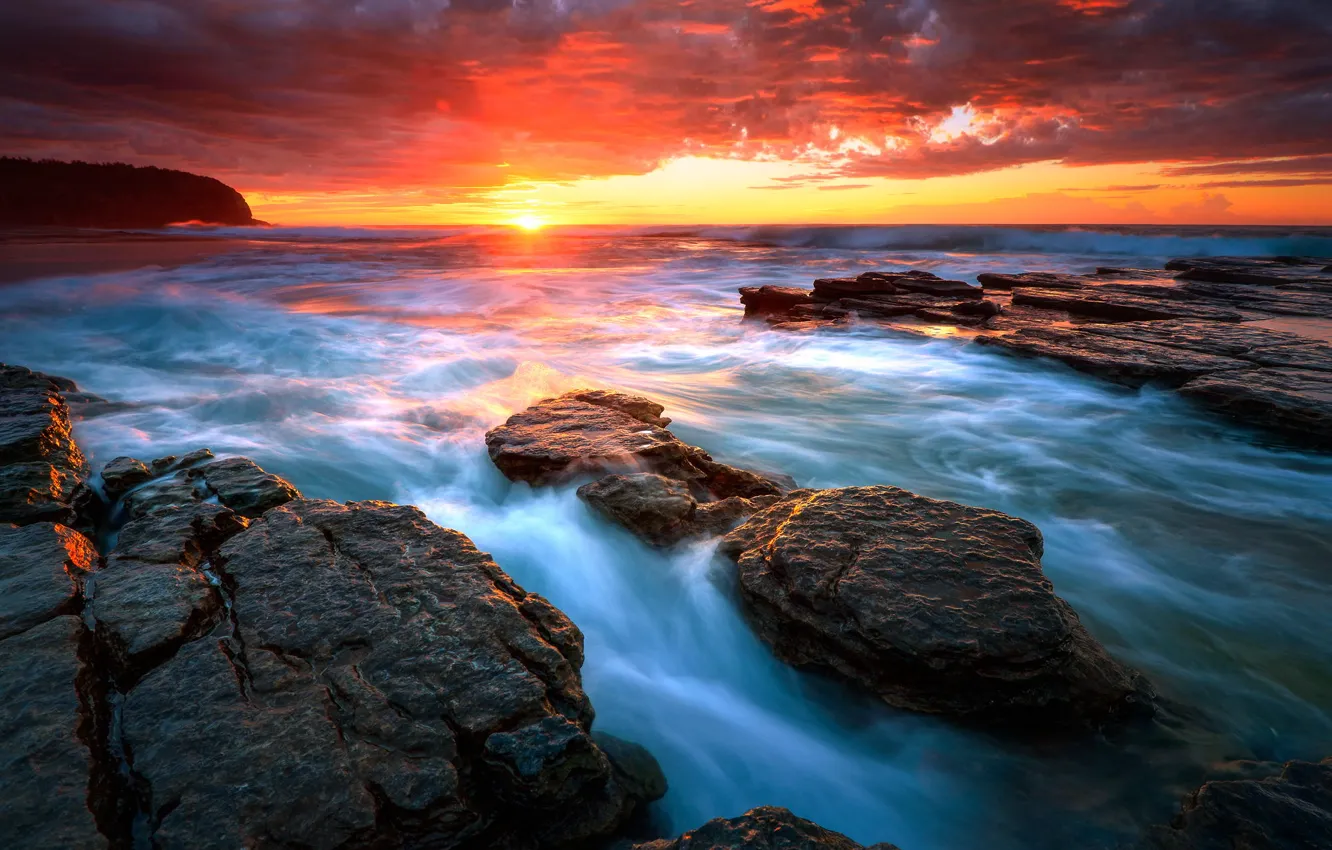 Фото обои море, вода, солнце, восход, скалы, beach, sea, water