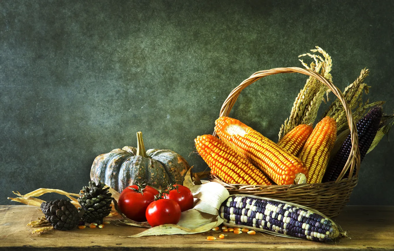 Фото обои кукуруза, Тыква, помидоры, чеснок, ассорти