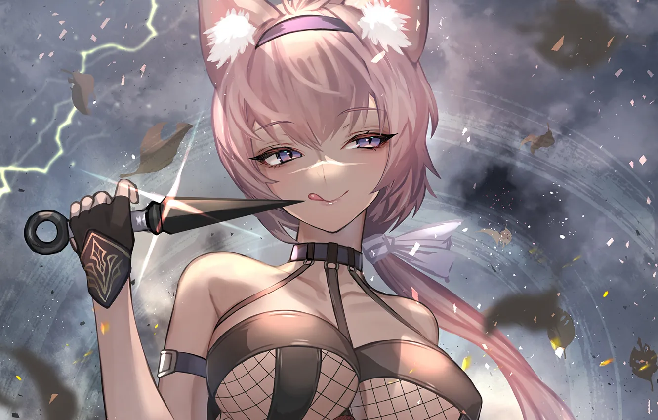 Фото обои girl, sexy, cleavage, pink hair, long hair, boobs, animal ears, anime