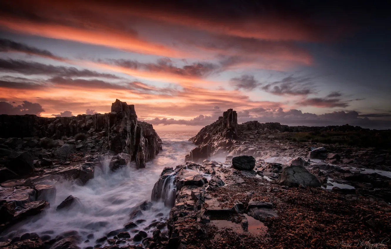 Фото обои море, скалы, берег, утро, Австралия, потоки, Новый Южный Уэльс, Бомбо