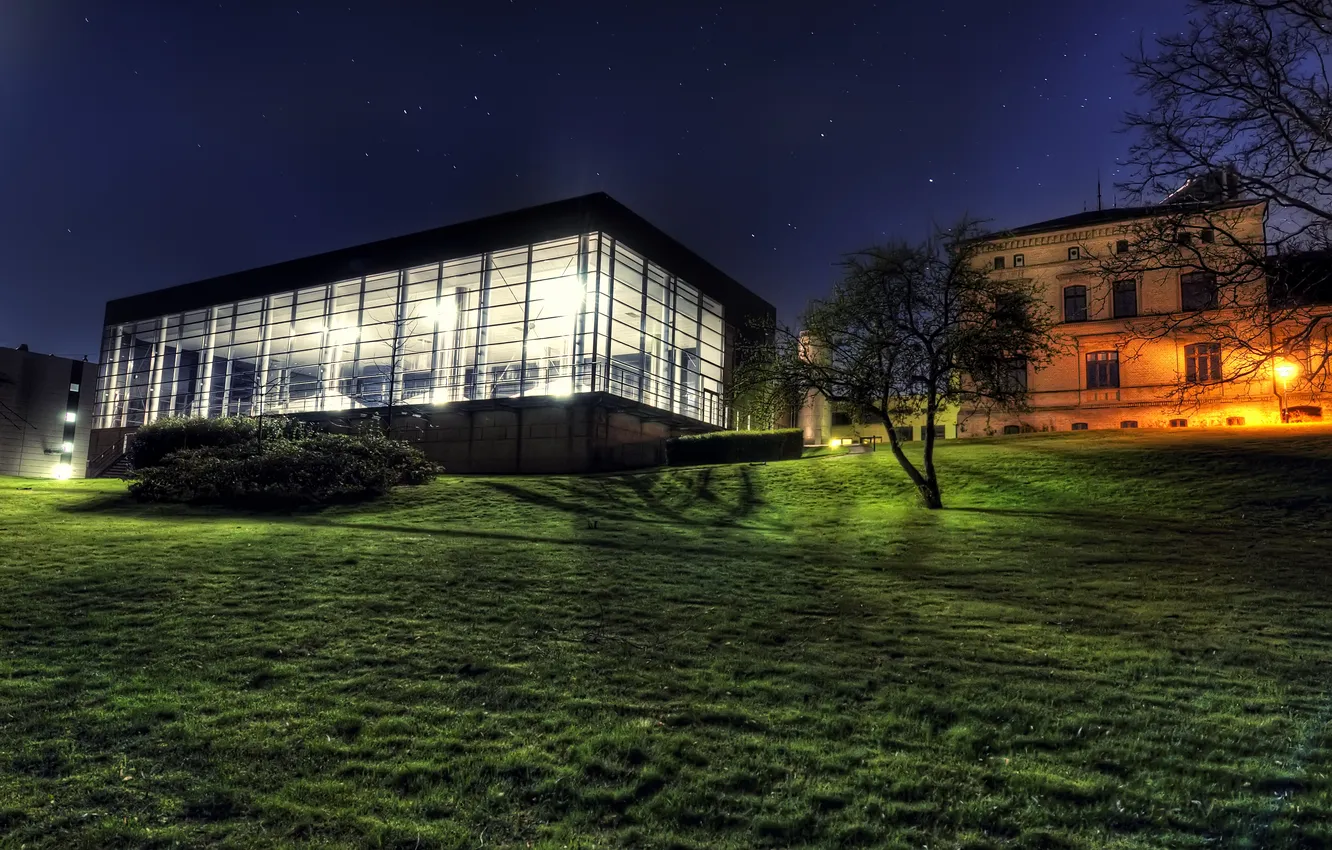 Фото обои трава, звезды, пейзаж, ночь, здания, дома