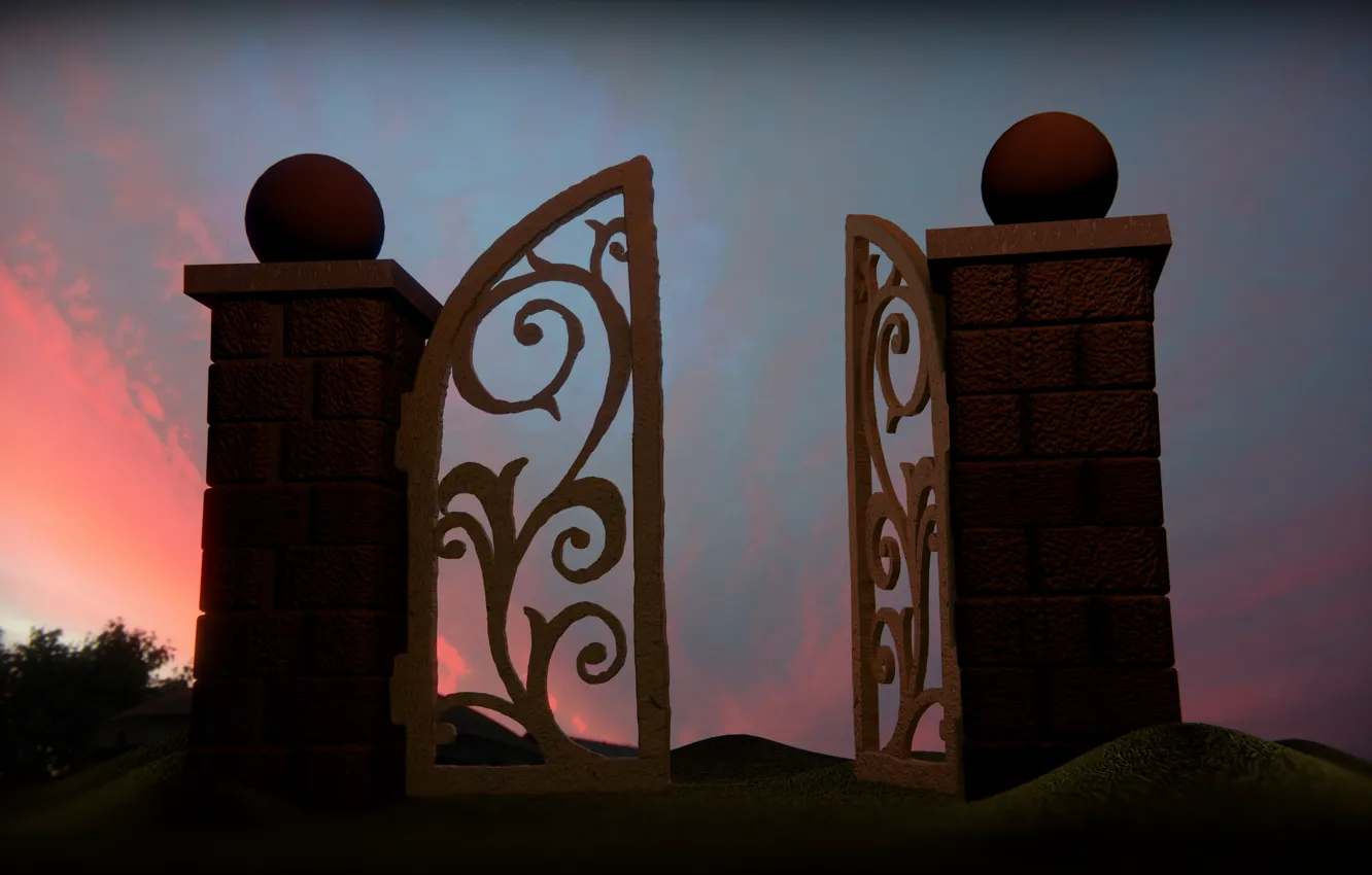 Фото обои закат, вечер, ржавчина, руины, blender3d, воротца