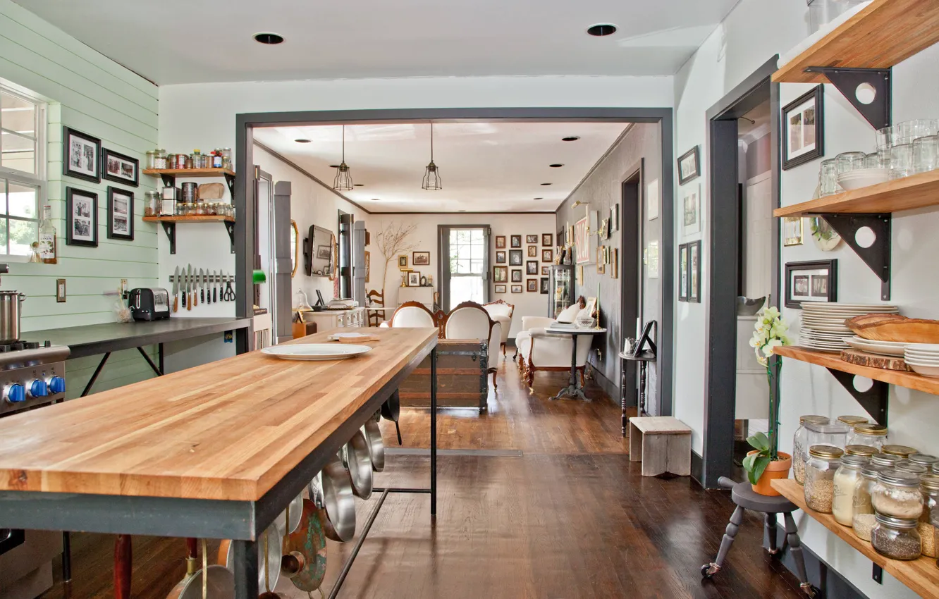 Фото обои дизайн, стиль, интерьер, кухня, гостиная, Texas, Eclectic Home in Austin, by Sarah Natsumi-Moore