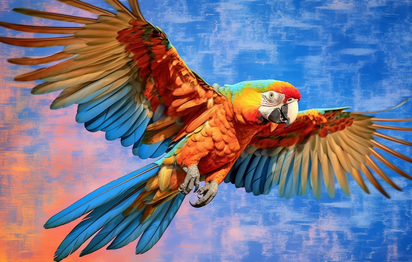 Фото обои взгляд, полет, птица, крылья, перья, попугай, синий фон, ара