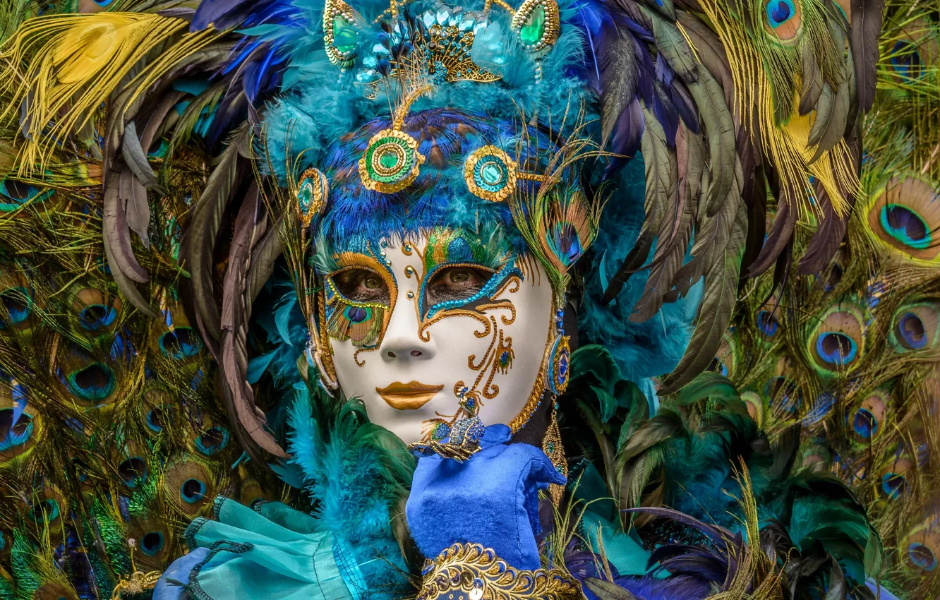 Фото обои перья, маска, павлин, карнавал
