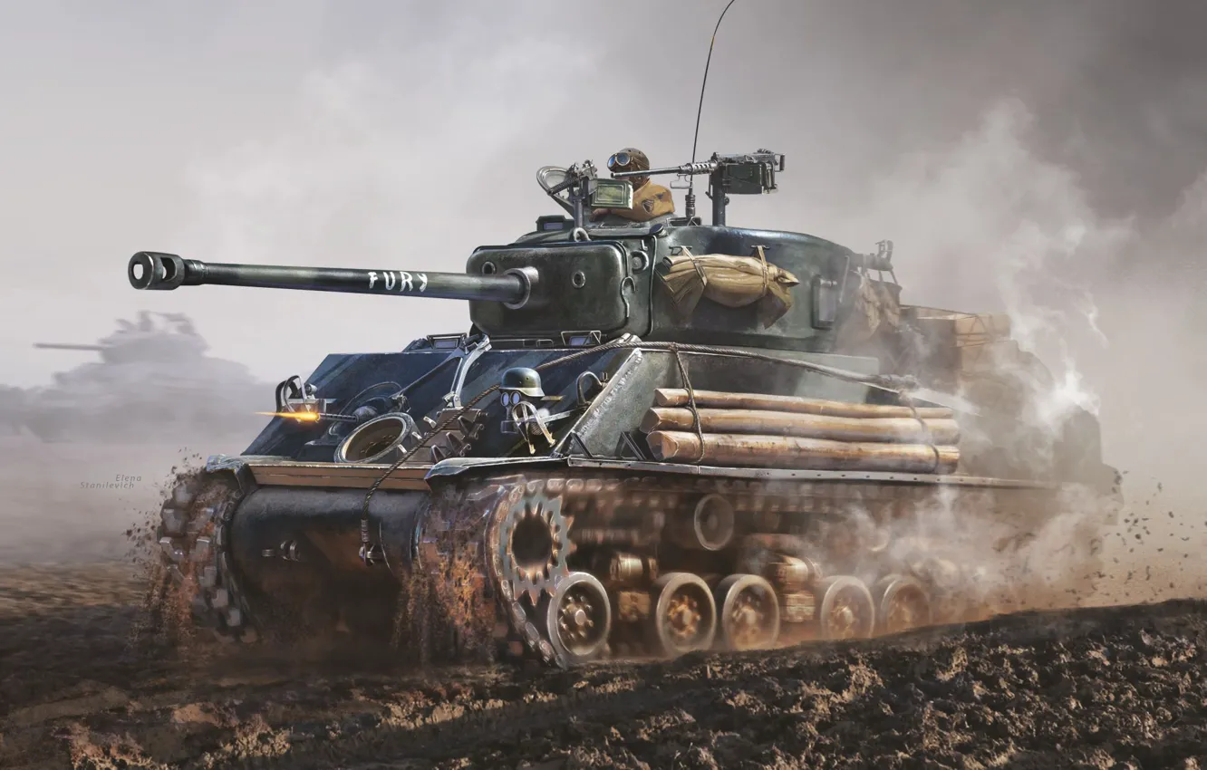 Фото обои танк, США, US Army, средний, M4A3 Шерман, Елена Станилевич, M4A3E8 Sherman US Army Medium Tank