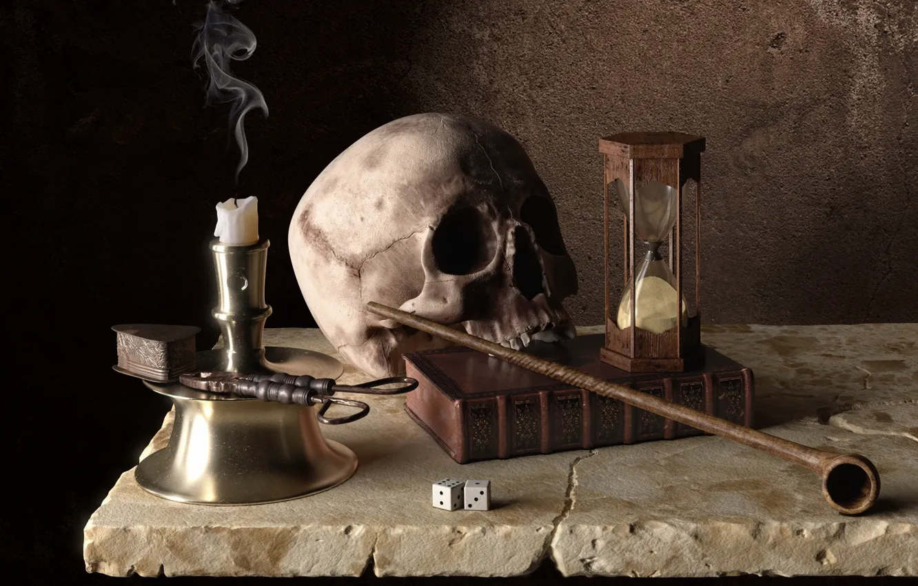 Фото обои время, череп, свеча, трубка, арт, кости, книга, песочные часы