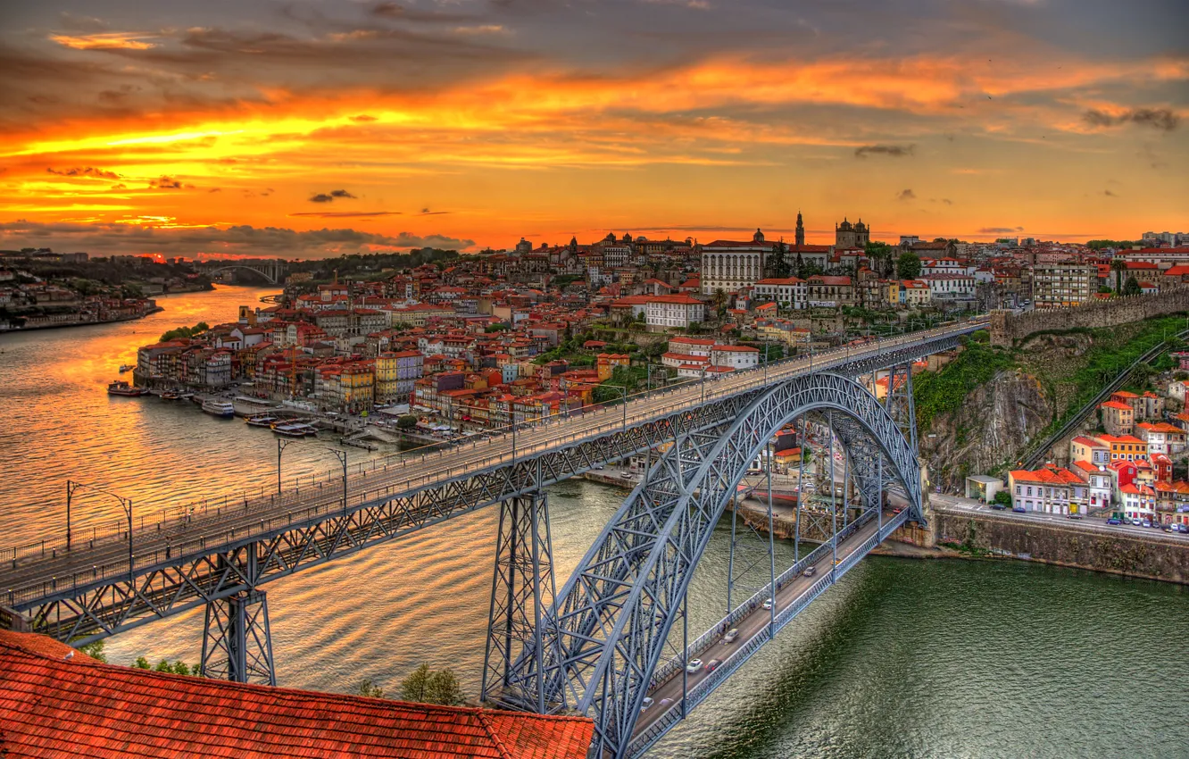 Фото обои закат, мост, река, дома, вечер, канал, Португалия, Porto