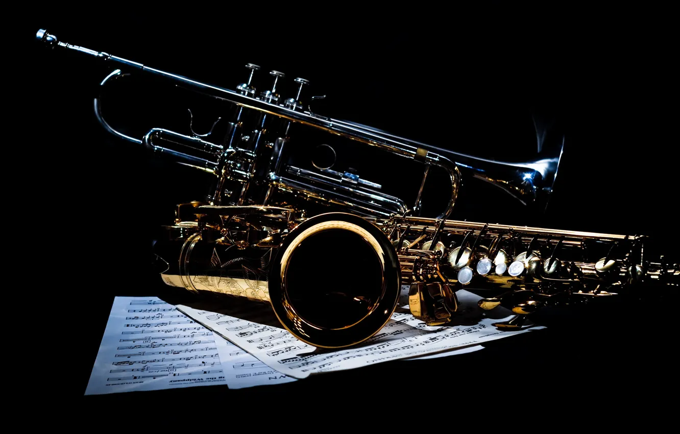 Фото обои ноты, музыка, труба, саксофон