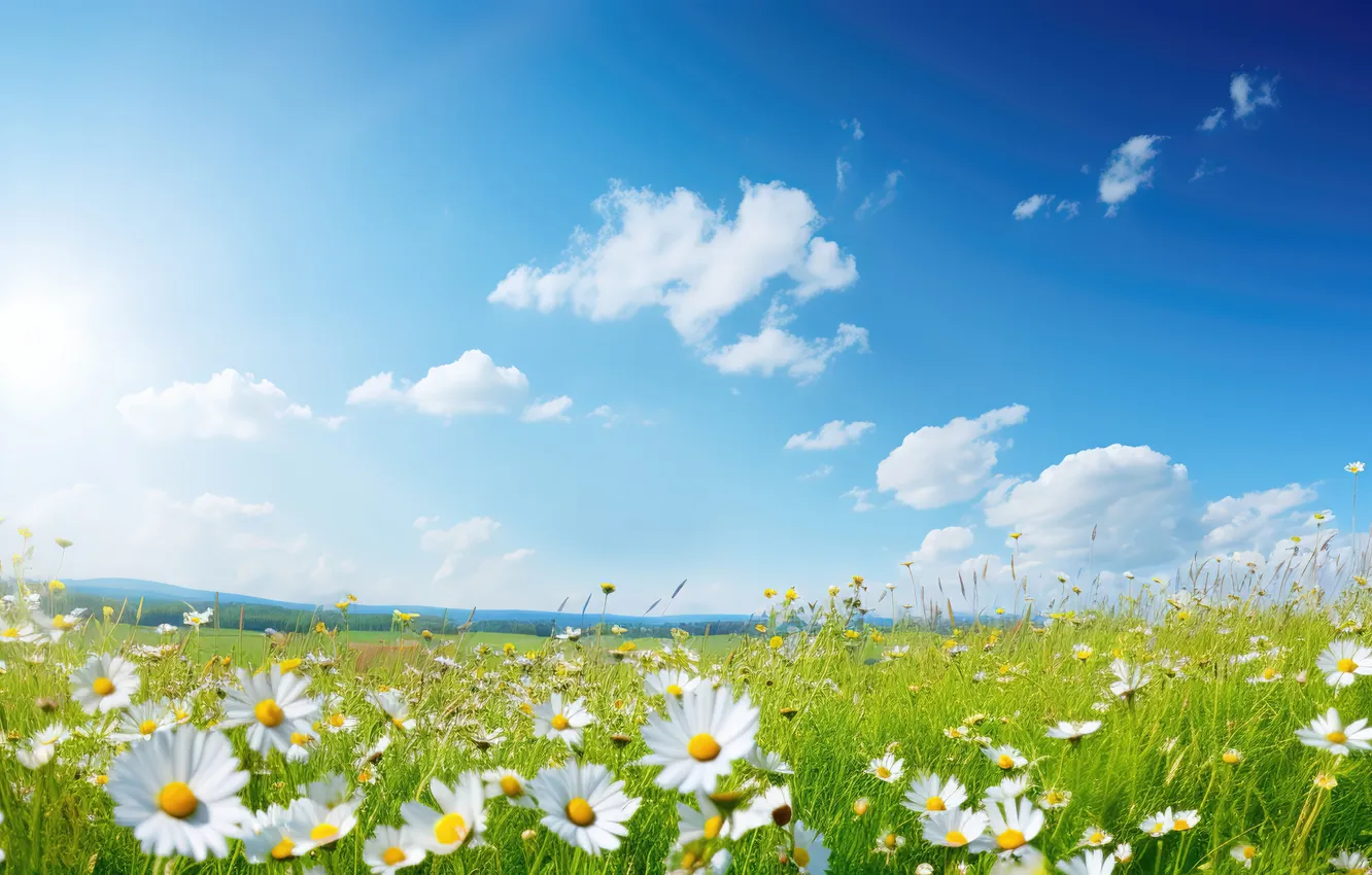 Фото обои поле, солнце, ромашки, весна, луг, sunshine, spring, camomiles