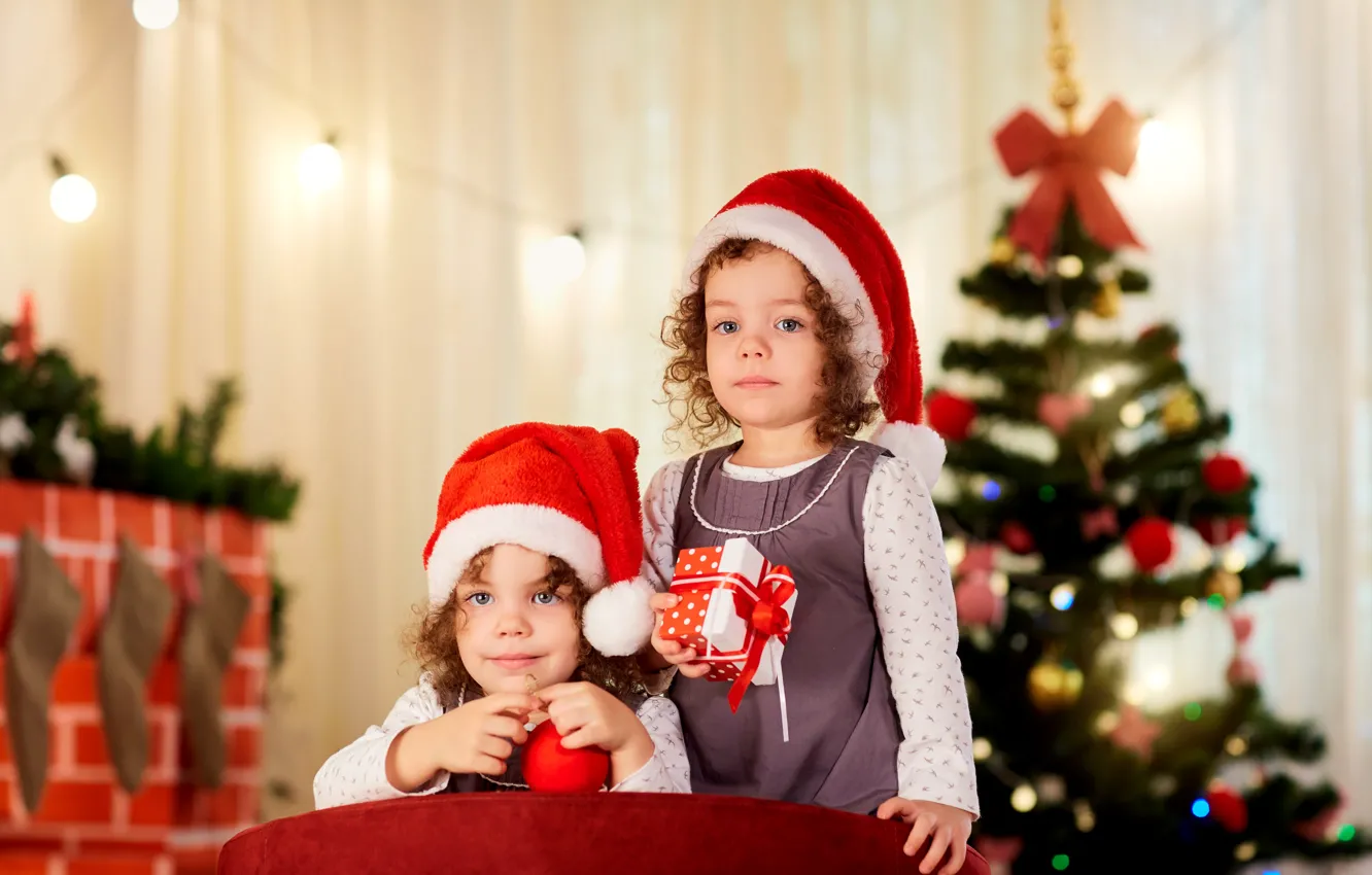 Фото обои дети, подарок, шапка, елка, Новый год, Christmas, New Year, близнецы