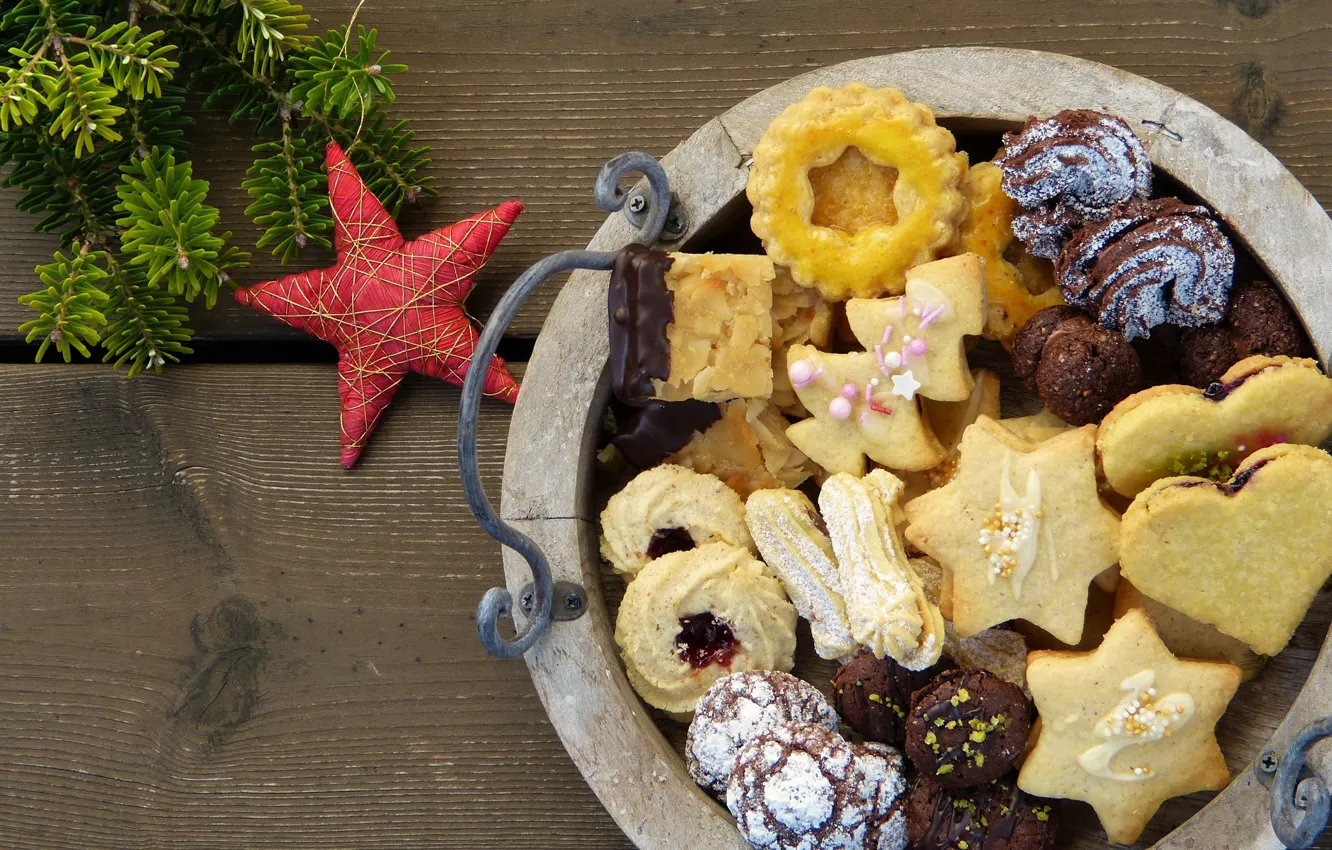 Фото обои праздник, звезда, новый год, ель, печенье, угощенье