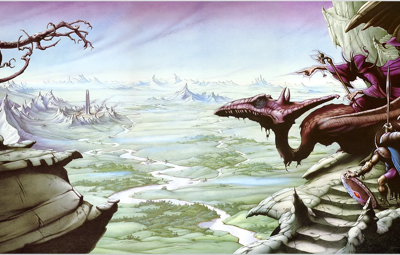 Фото обои пейзаж, фантастика, дракон, маг, Rodney Matthews