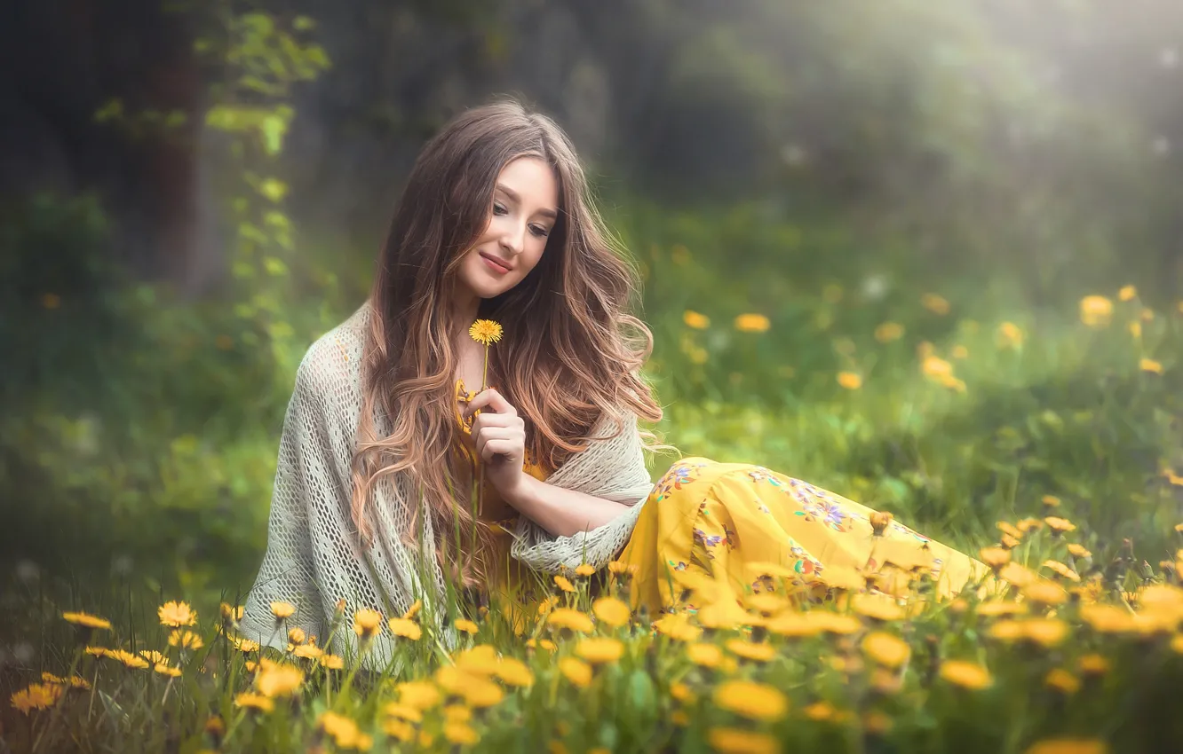 Фото обои девушка, цветы, улыбка, настроение, волосы, одуванчики, Оксана, Вадим Мельник