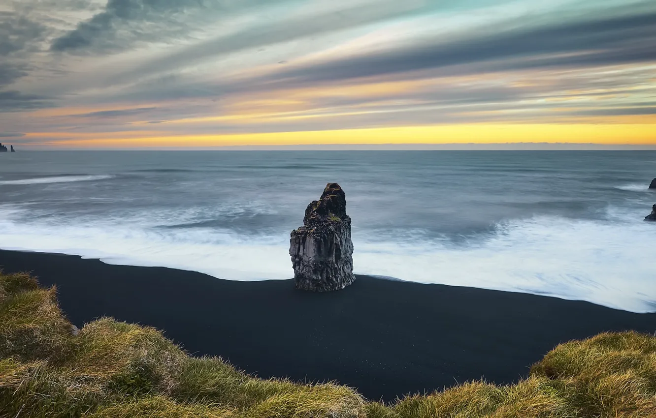 Фото обои море, скала, берег, Vik Islande