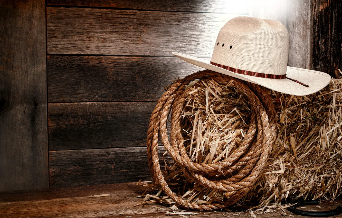 Фото обои wall, wood, cowboy, rope, white hat, straw