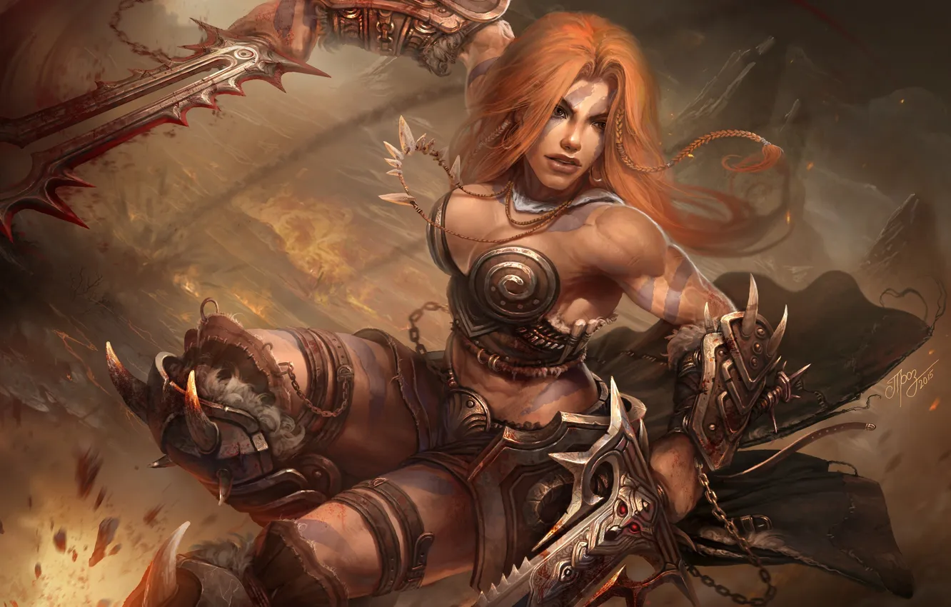 Фото обои girl, sword, fantasy, cleavage, armor, Warrior, tattoo, redhead