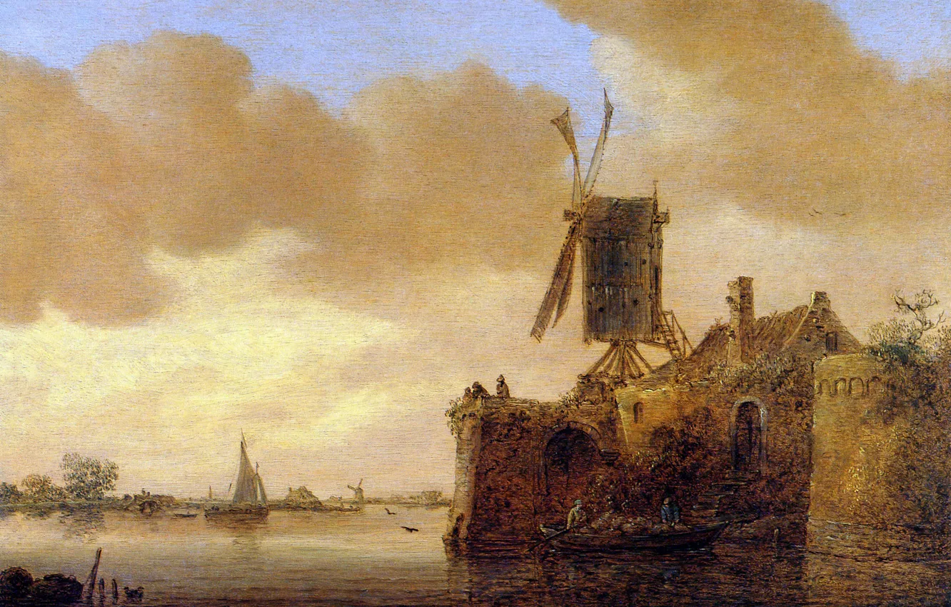 Фото обои дом, лодка, парус, ветряная мельница, Ян ван Гойен, Речной Пейзаж