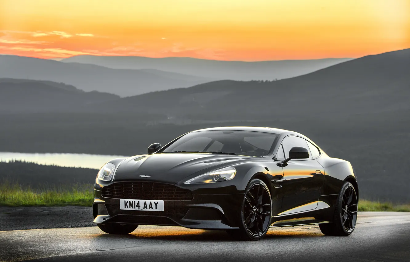 Фото обои закат, Aston Martin, вечер, астон мартин, Vanquish, ванквиш, 2014, Carbon Black