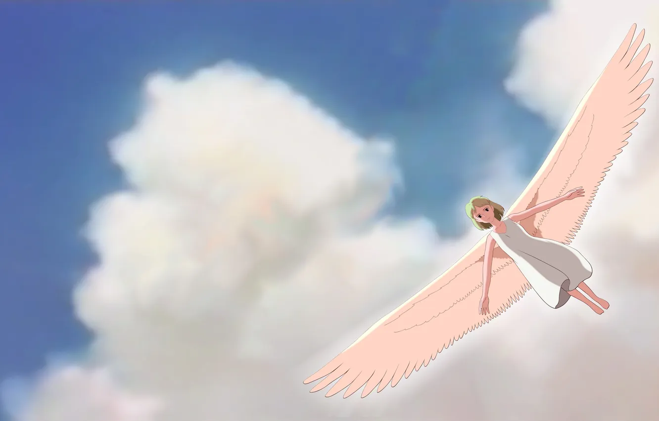 Фото обои небо, девушка, облака, крылья, ангел