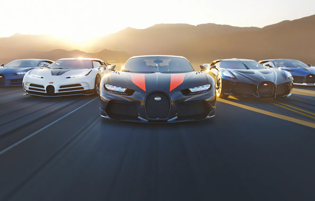 Фото обои закат, рендеринг, скорость, Bugatti, суперкары, гиперкары, Chiron, Divo