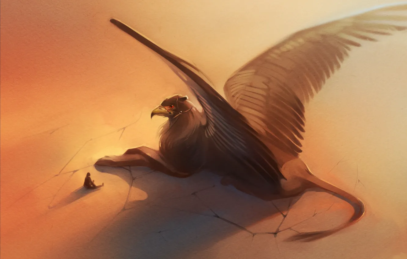 Фото обои человек, крылья, клюв, арт, хвост, грифон