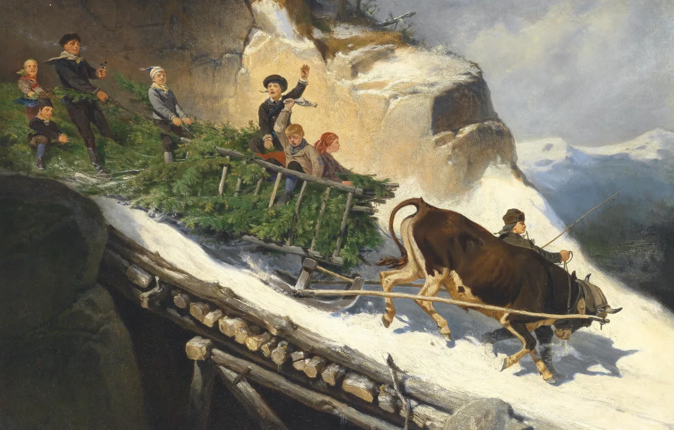 Фото обои Austrian painter, австрийский живописец, Farmer Sleigh in the Salzburger Alps, oil on panel, Крестьянские сани …