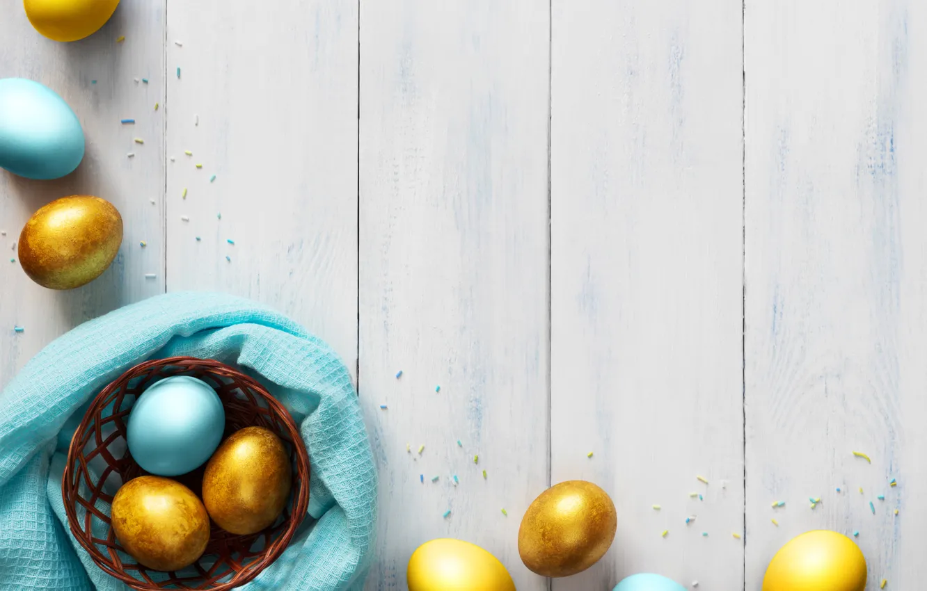 Фото обои корзина, яйца, голубые, Пасха, golden, wood, blue, spring