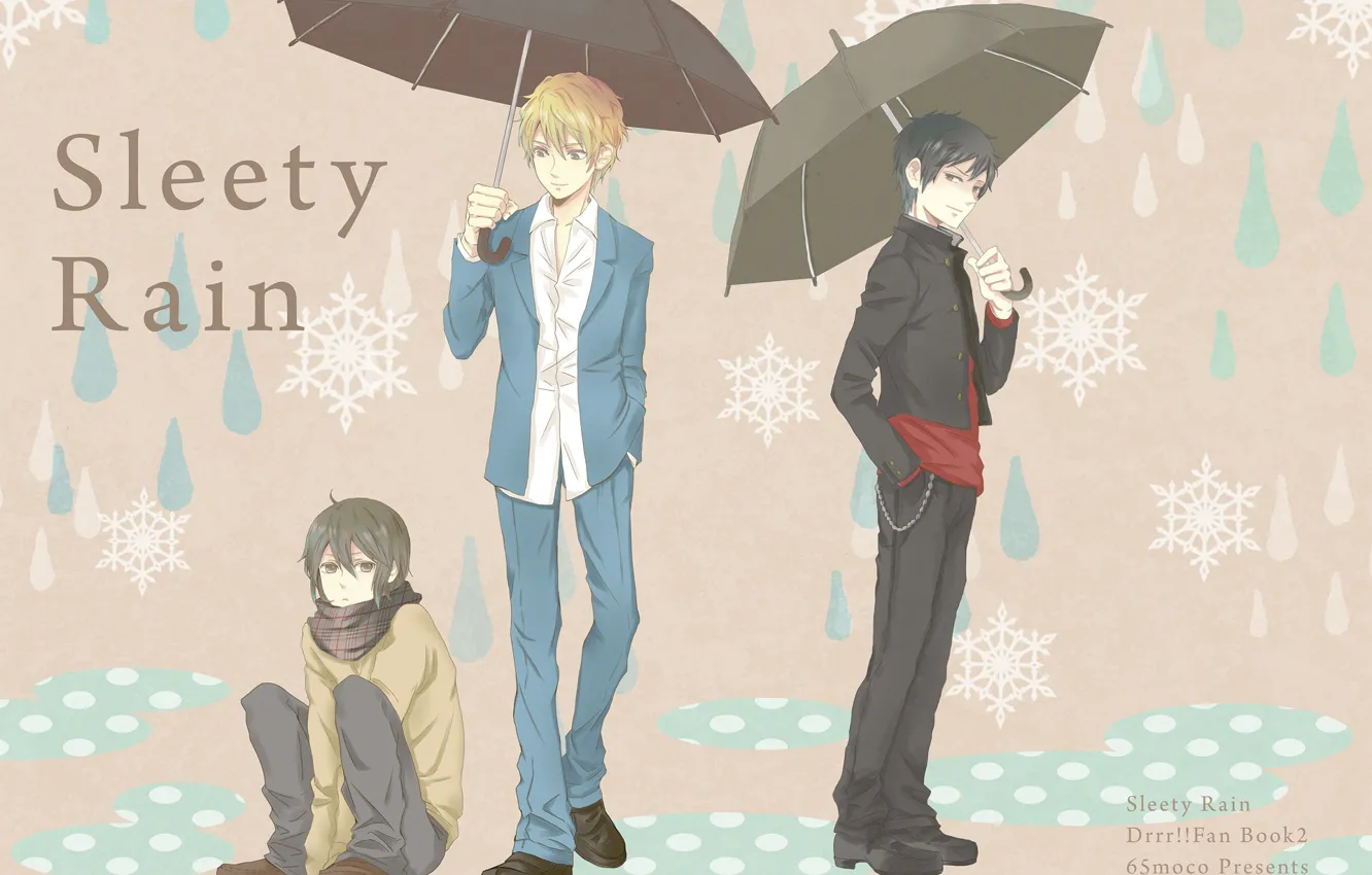 Фото обои зонт, парни, трио, Durarara, Дюрарара, Орихара Изая, Хейваджима Шизуо, Касука Хейваджима