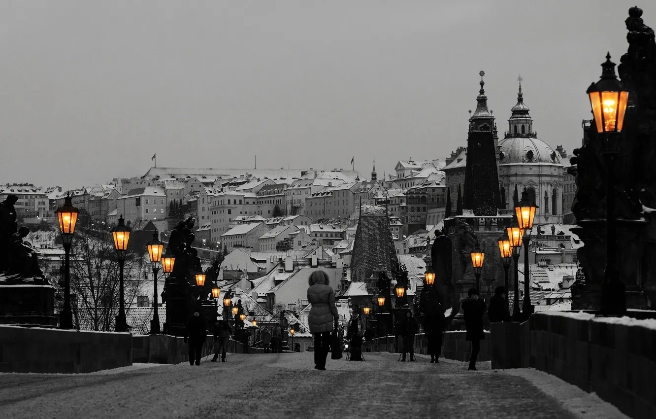 Фото обои мост, Прага, Чехия, фонари