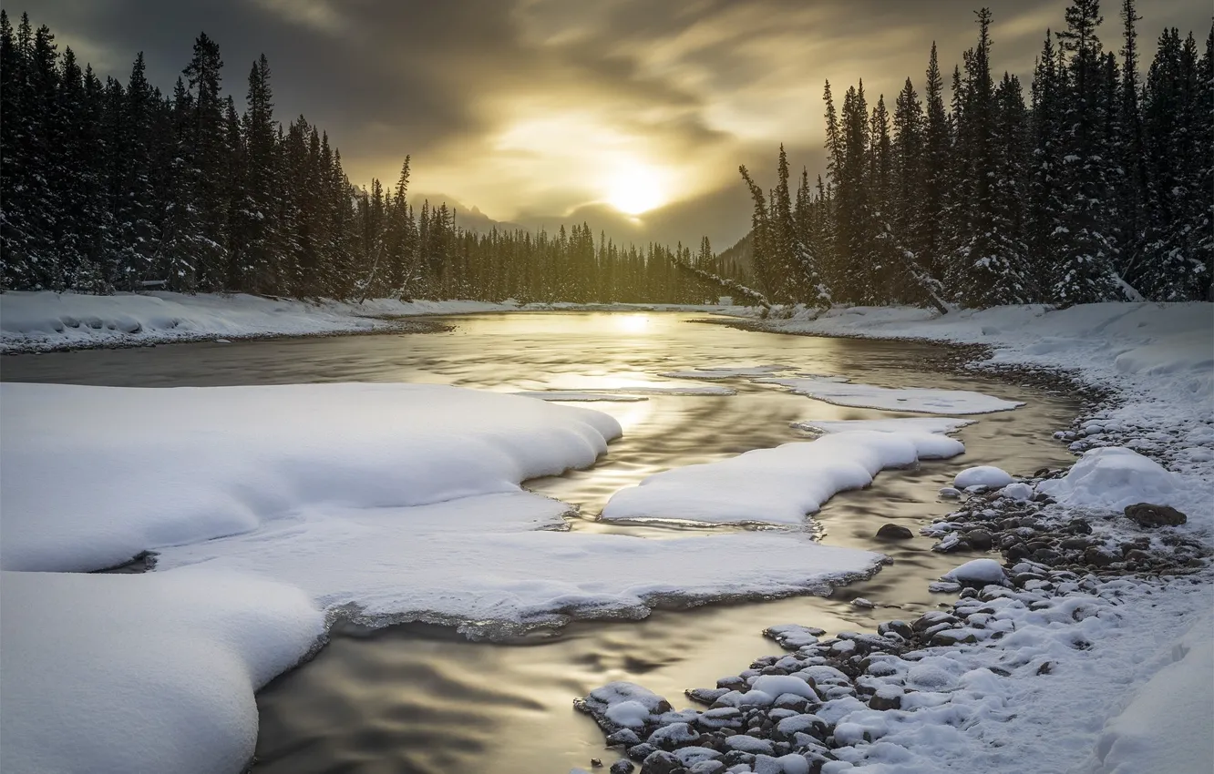 Фото обои зима, снег, пейзаж, закат, природа, река, красота