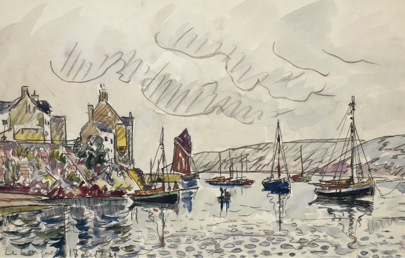 Фото обои город, лодка, рисунок, акварель, парус, 1929, Ле-Конке, Поль Синьяк