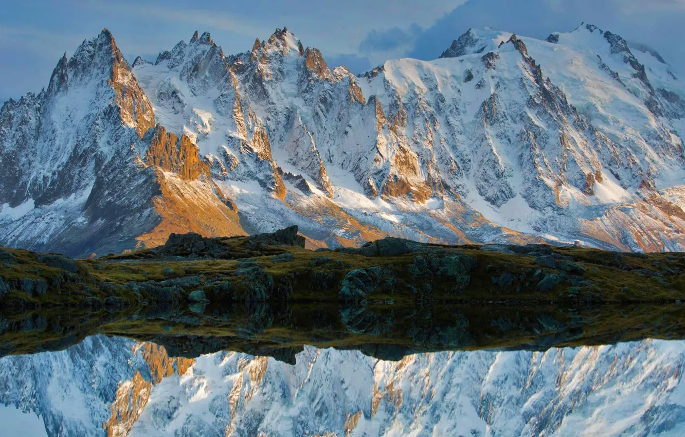 Фото обои снег, горы, озеро, отражение, Франция, Альпы, Шамони
