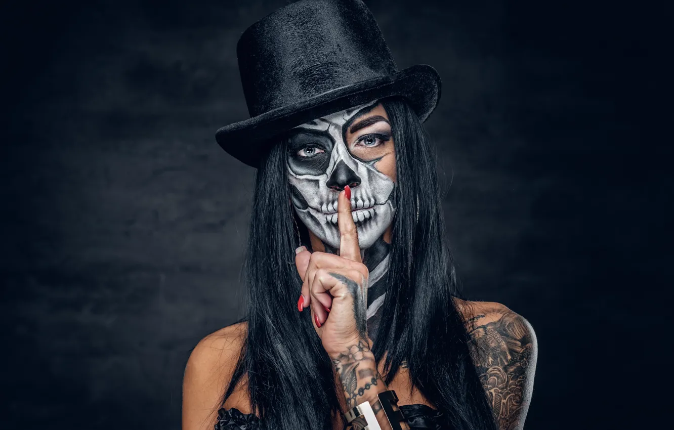 Фото обои hat, brunette, makeup, finger, day of the dead