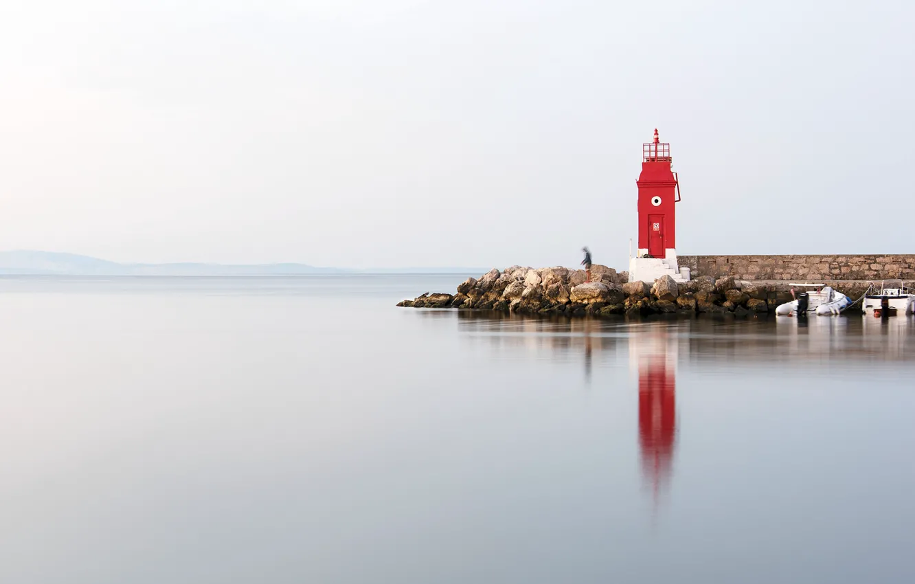 Фото обои sea, hills, boats, lighthouse, fisherman, Croatia, Adriatic Sea, Krk