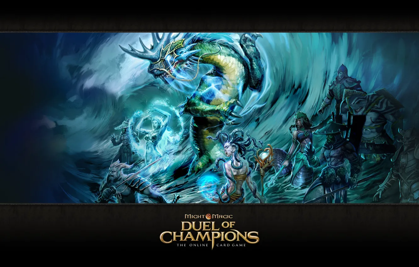 Фото обои Might &amp; Magic: Duel of Champions, Коралловая жрица, Нага-воин, Ванидзаме, Кирин, Кэнси, Святилище, Мидзу-ками