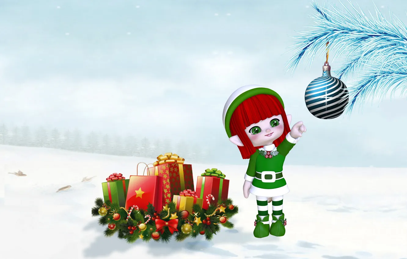 Фото обои зима, снег, ветки, праздник, эльф, новый год, шарик, Рождество