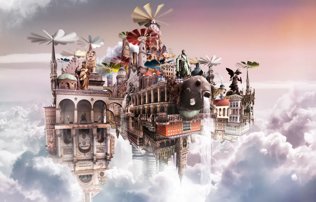 Фото обои здания, Облака, фигуры, cloudscape, пропеллеры