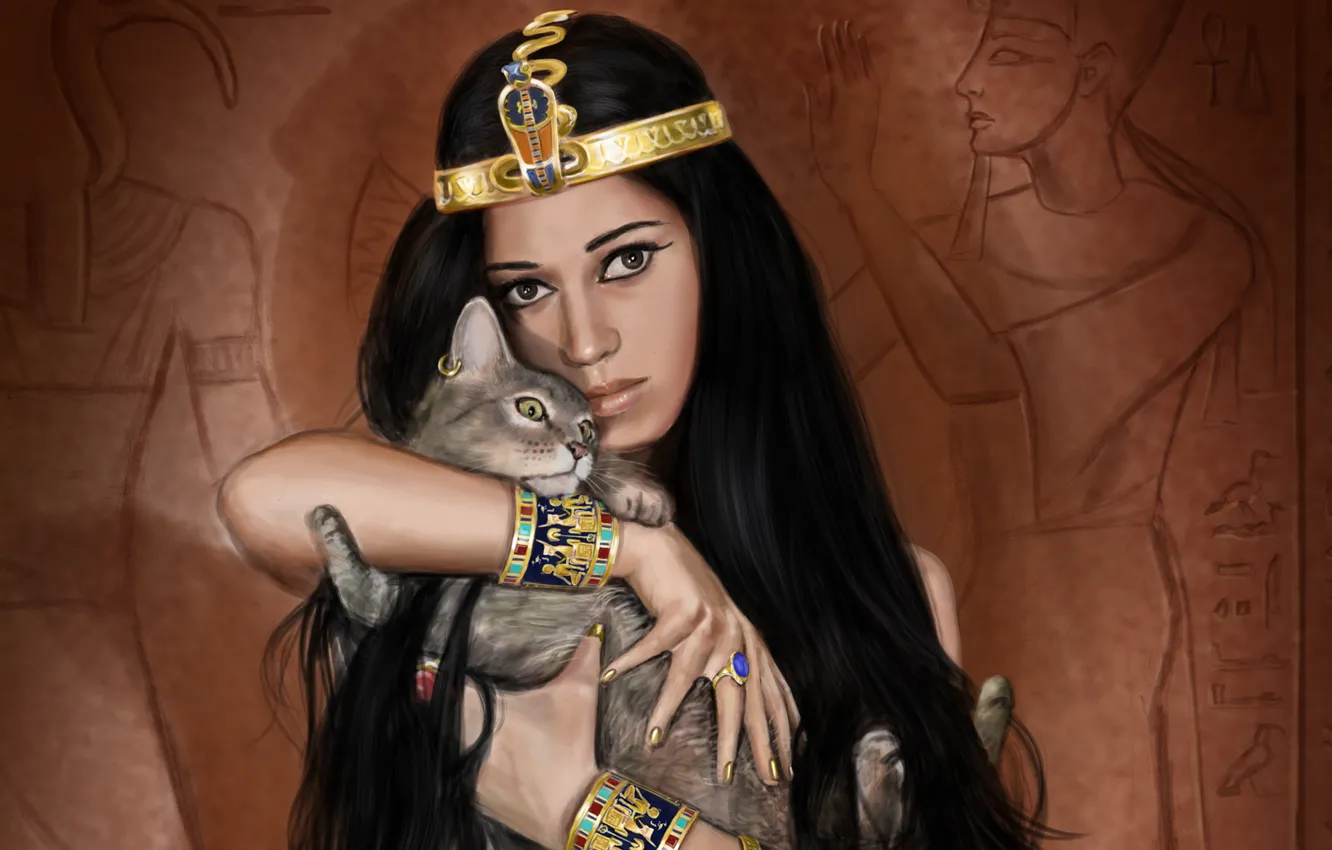Фото обои кошка, девушка, украшения, арт, египет, египтянка, царица