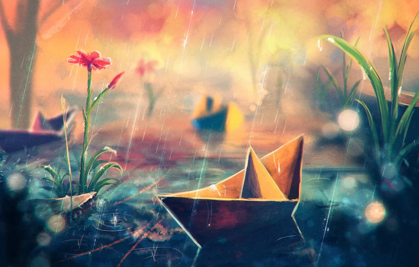 Фото обои цветок, трава, дождь, арт, бумажный корабль