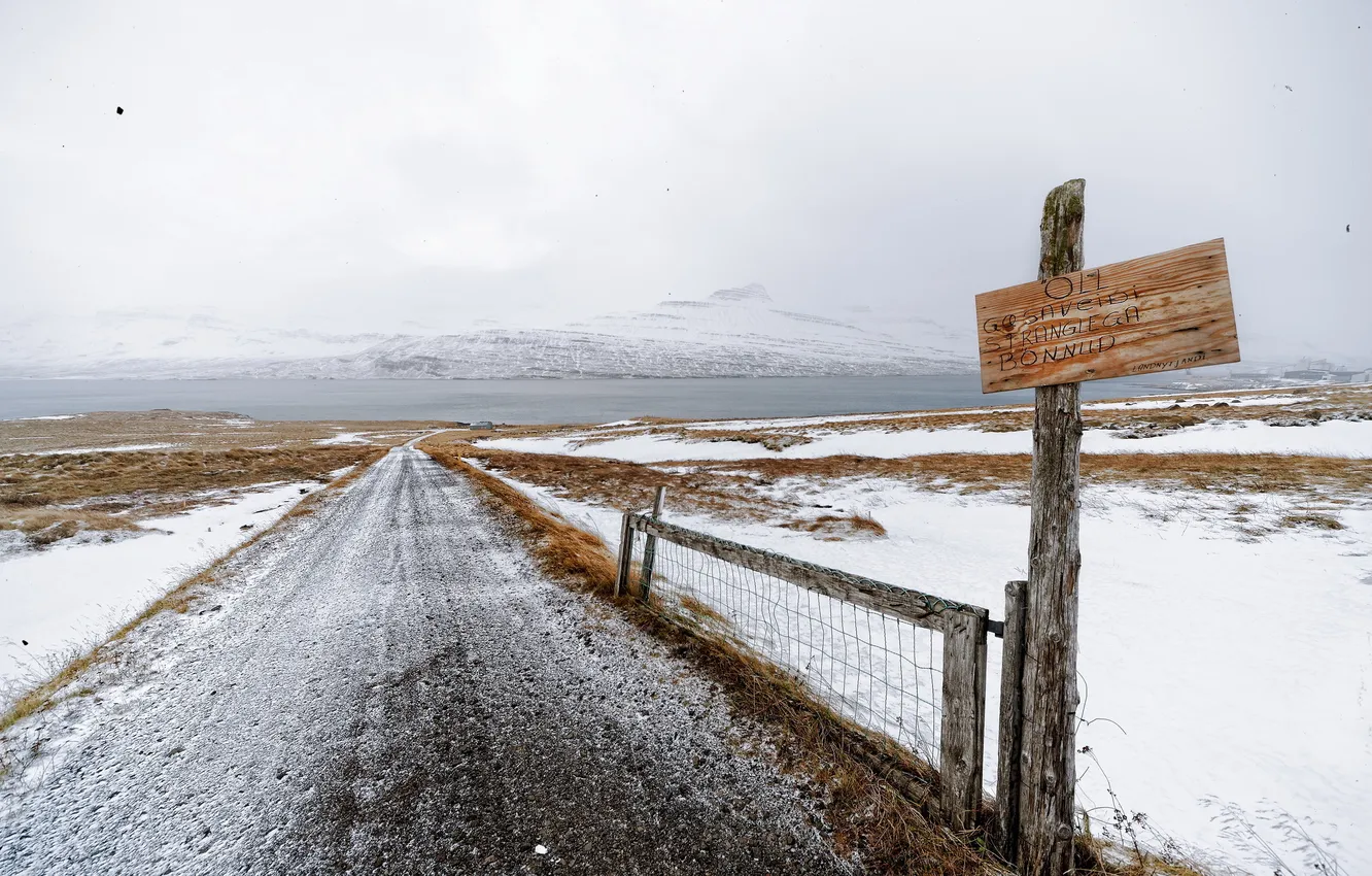 Фото обои дорога, снег, пейзаж, знак