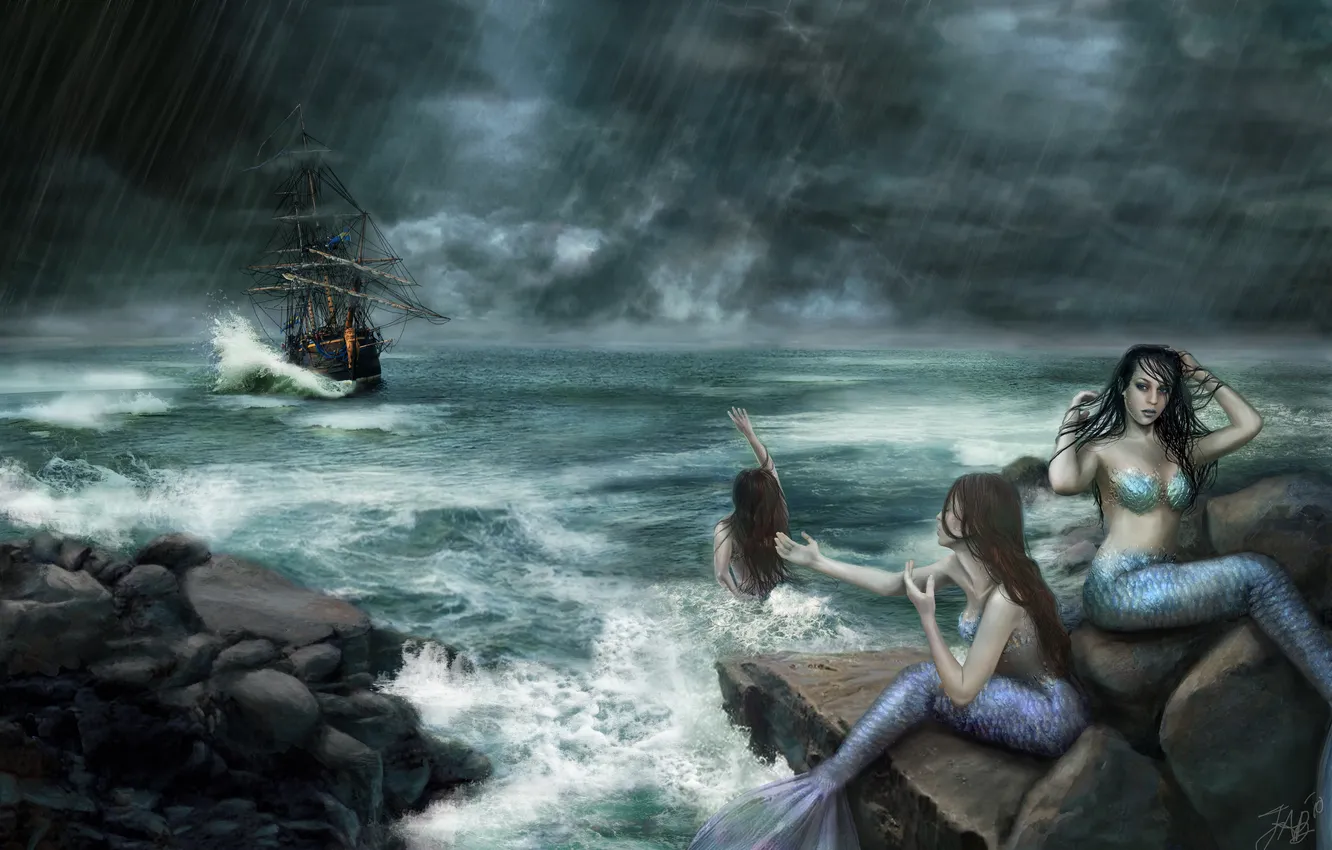 Фото обои море, камни, фантастика, океан, корабль, арт, русалки, сирены