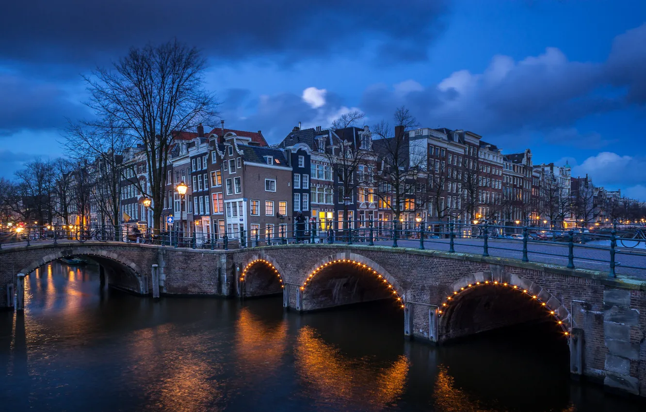 Фото обои Holland, Amsterdam, blue hour, Centrum
