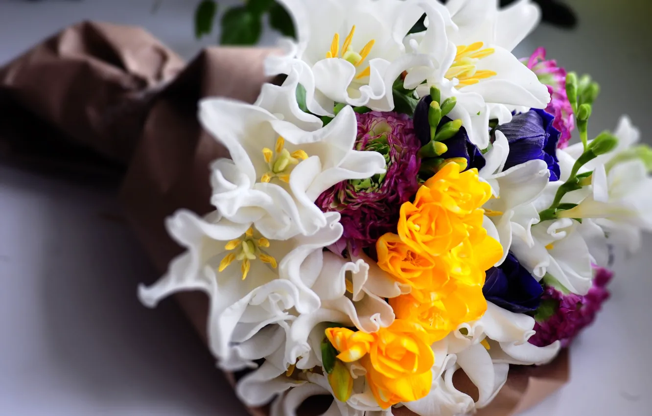 Фото обои цветы, букет, желтые, тюльпаны, белые