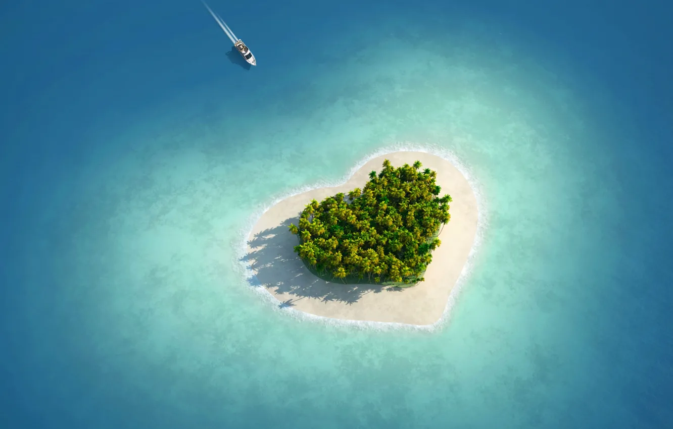 Фото обои море, острова, любовь, тропики, пальмы, сердце, катер, Love island