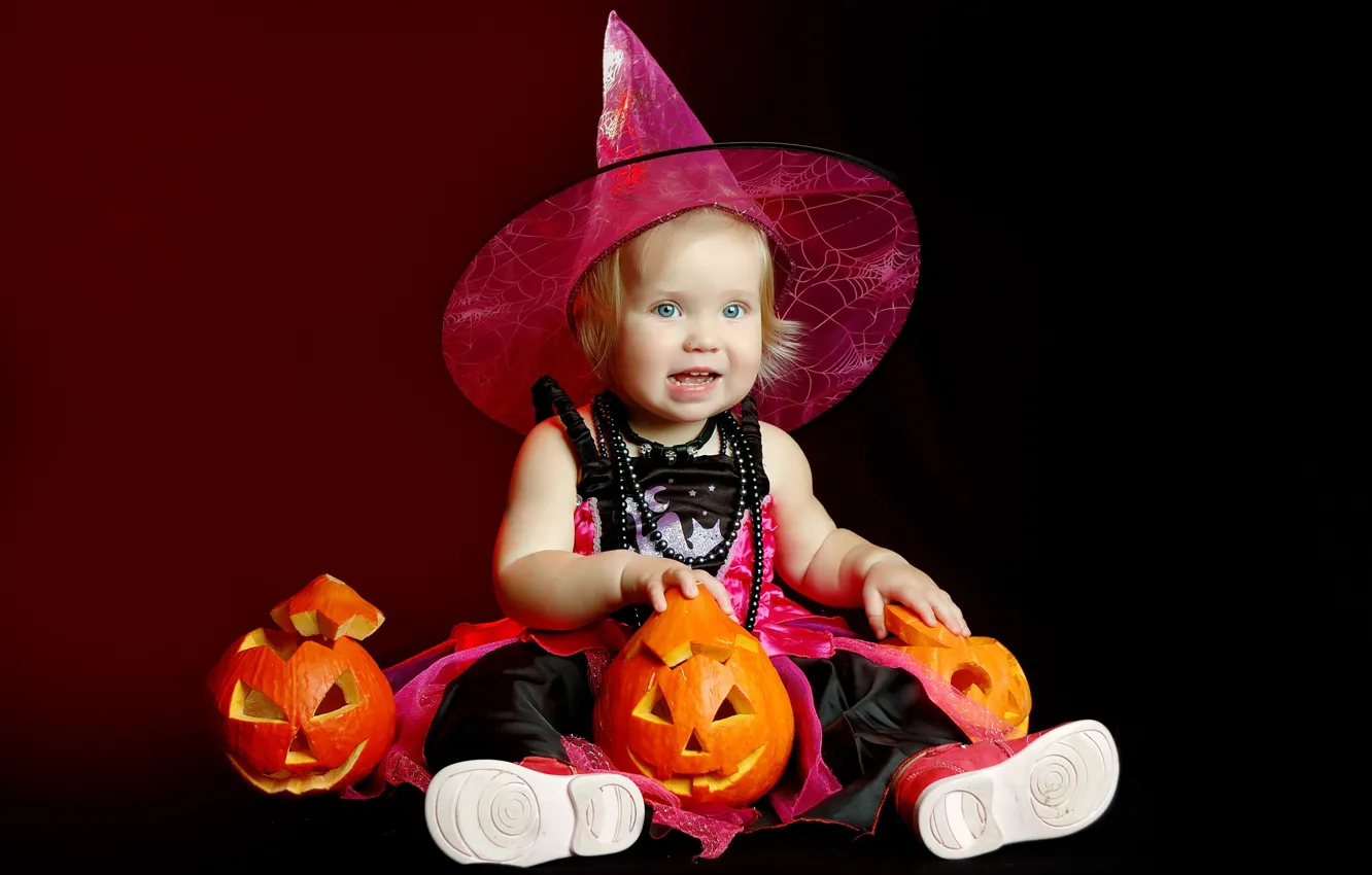 Фото обои праздник, девочка, тыквы, хэллоуин