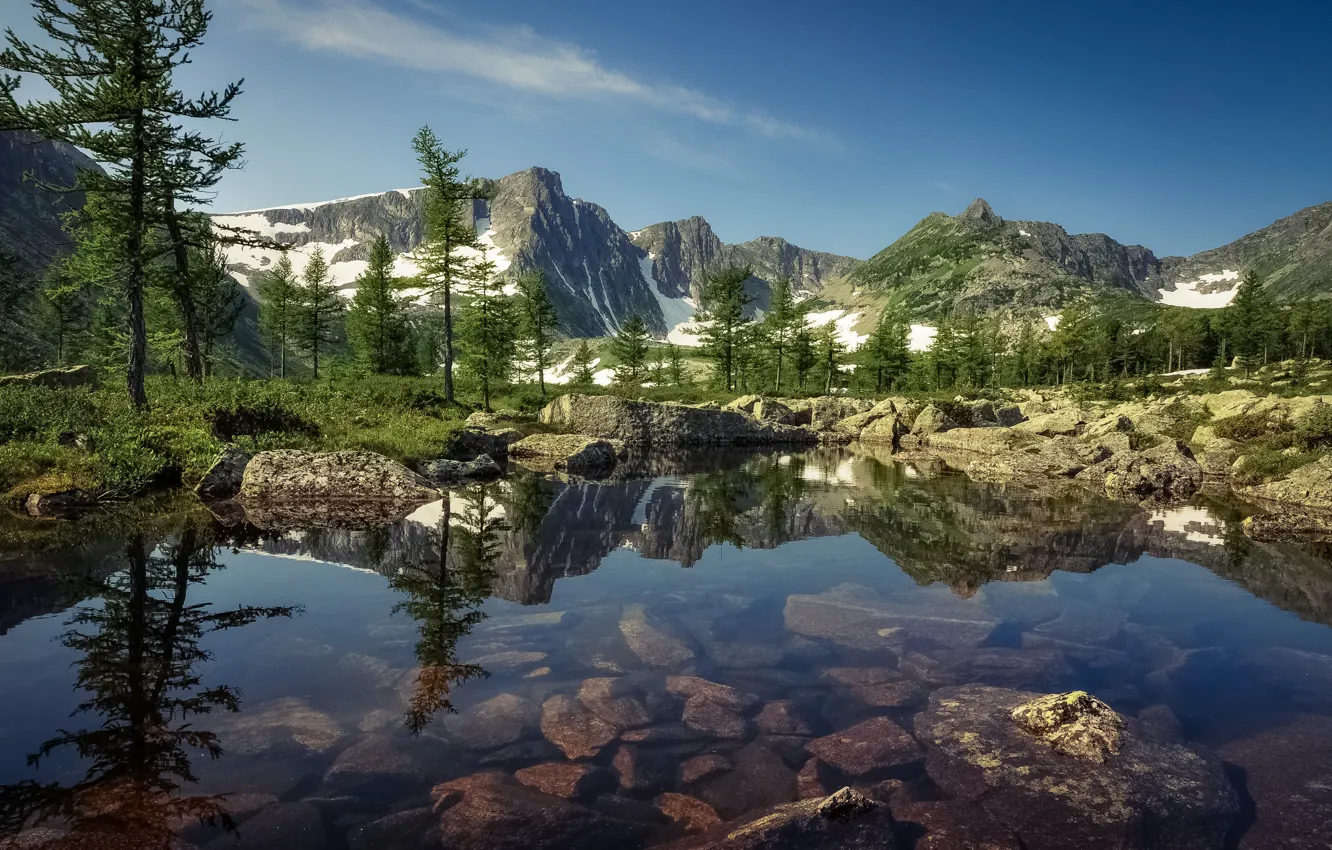 Фото обои снег, деревья, пейзаж, горы, природа, камни, водоём, Вячеслав Холзаков