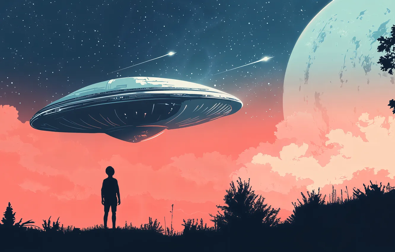 Фото обои aliens, science fiction, art, starry sky, UFOs